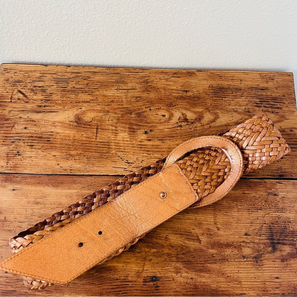 Linea Pelle Wide Woven Leather Belt - Bronze Gold Brown